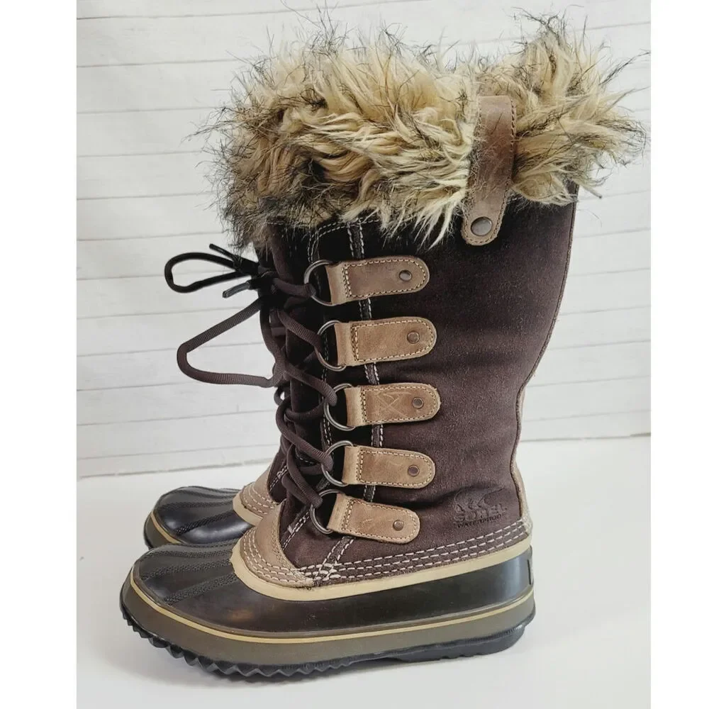 Sorel Joan Of Arctic Faux Fur Trim Waterproof  Snow Boots in Brown, sz 6